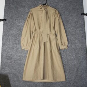 Vintage The Jones Girl Dress Womens 12 Tan Long Sleeve Tie Neck Midi Pussybow